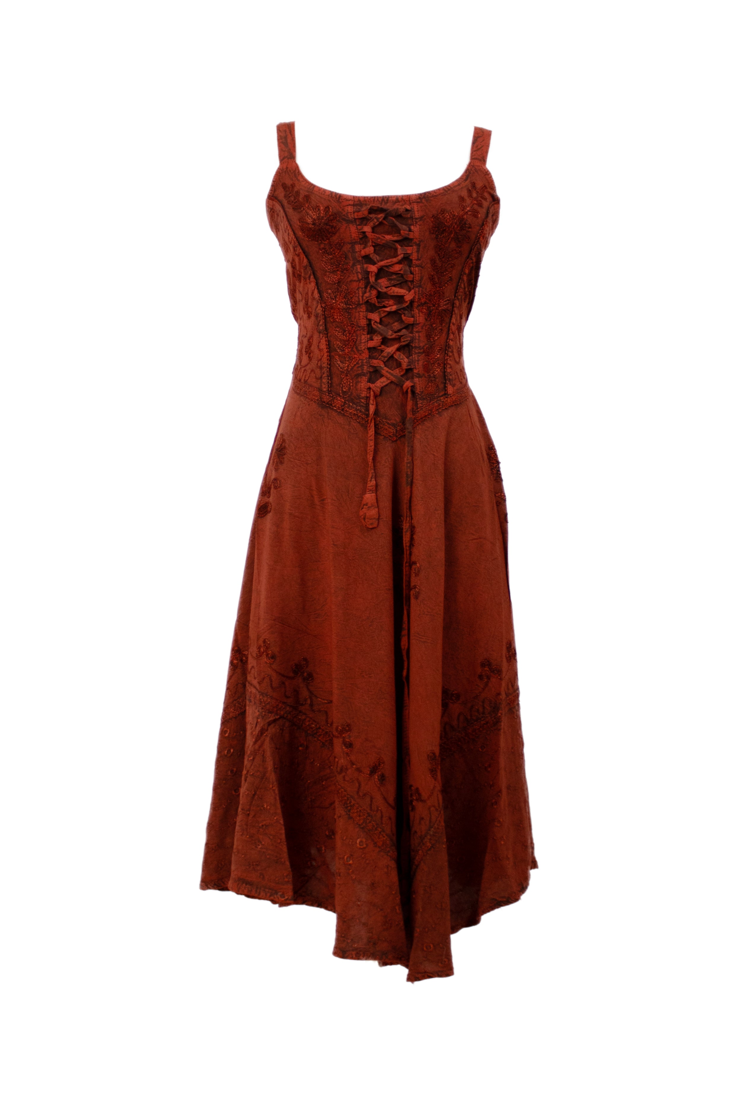 Lace-Up Embroidered Midi Dress