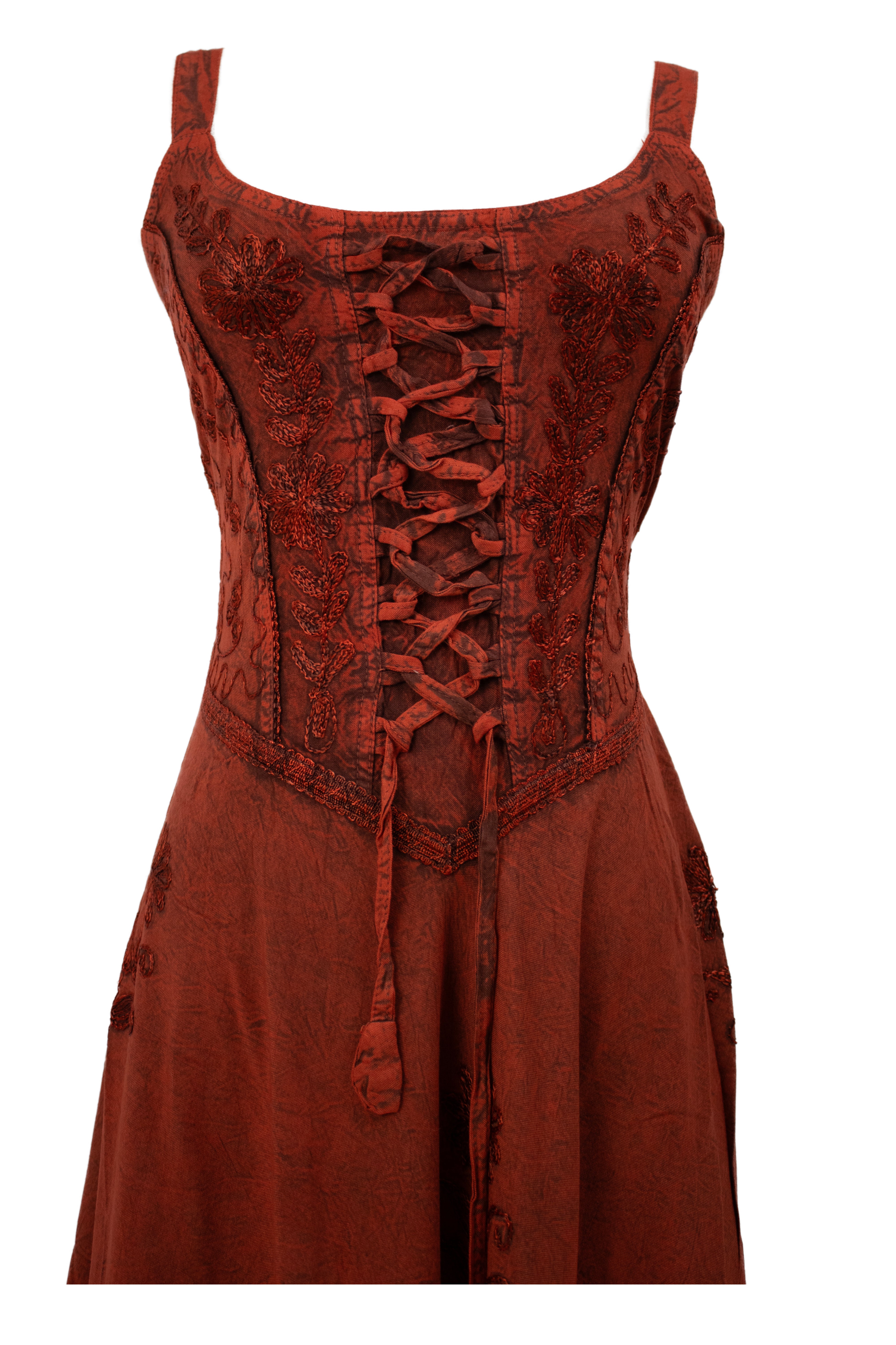 Lace-Up Embroidered Midi Dress