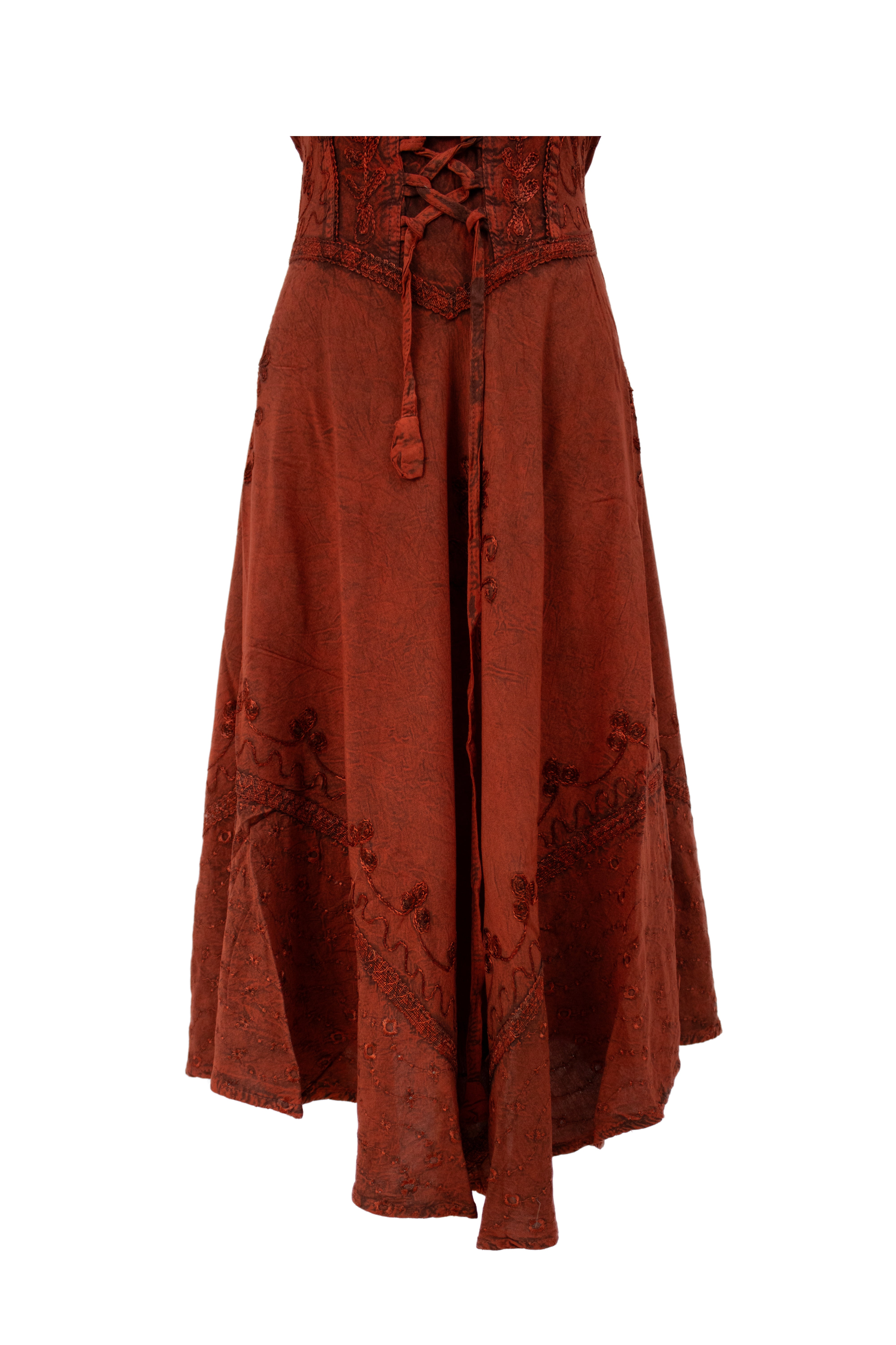 Lace-Up Embroidered Midi Dress