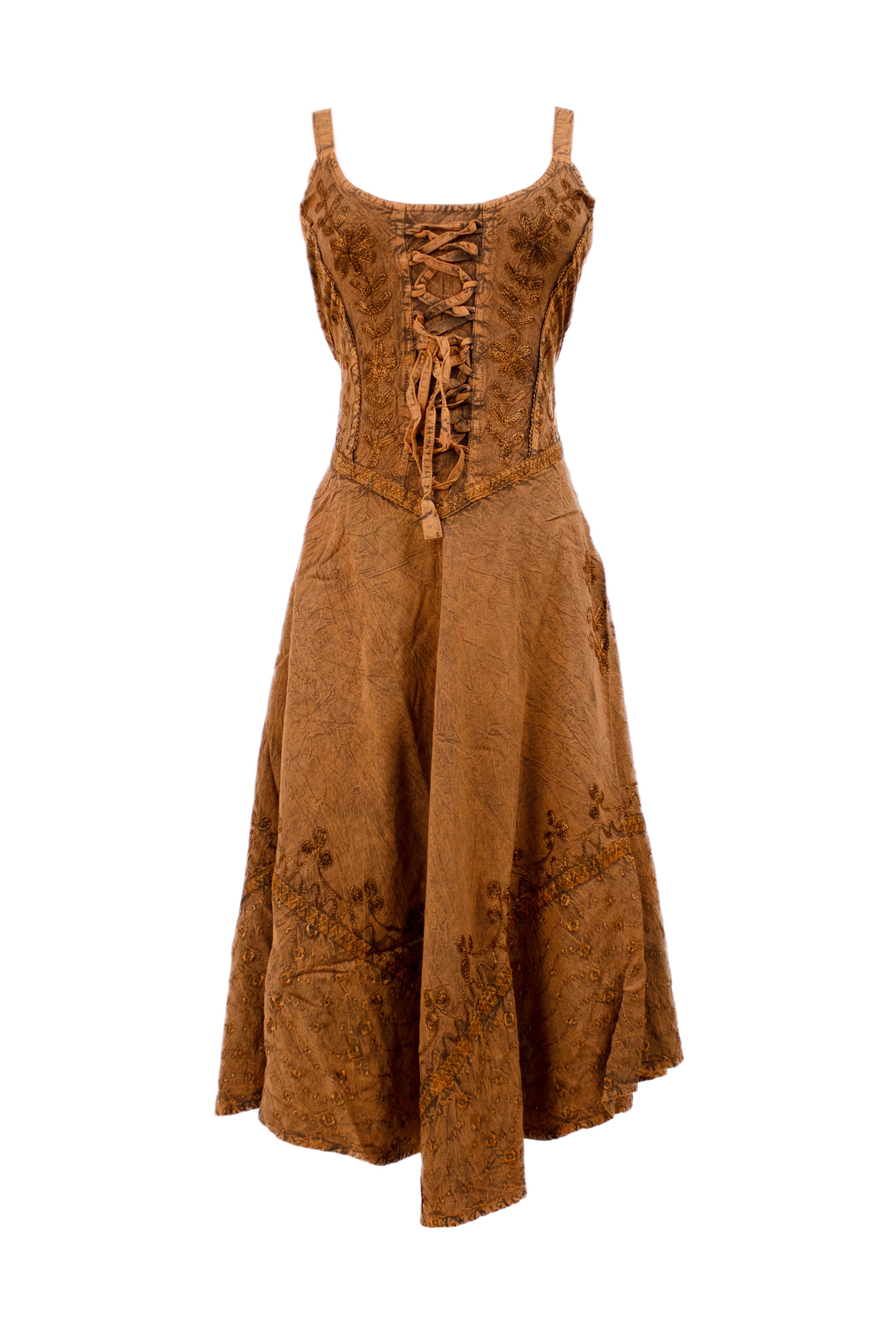 Lace-Up Embroidered Midi Dress