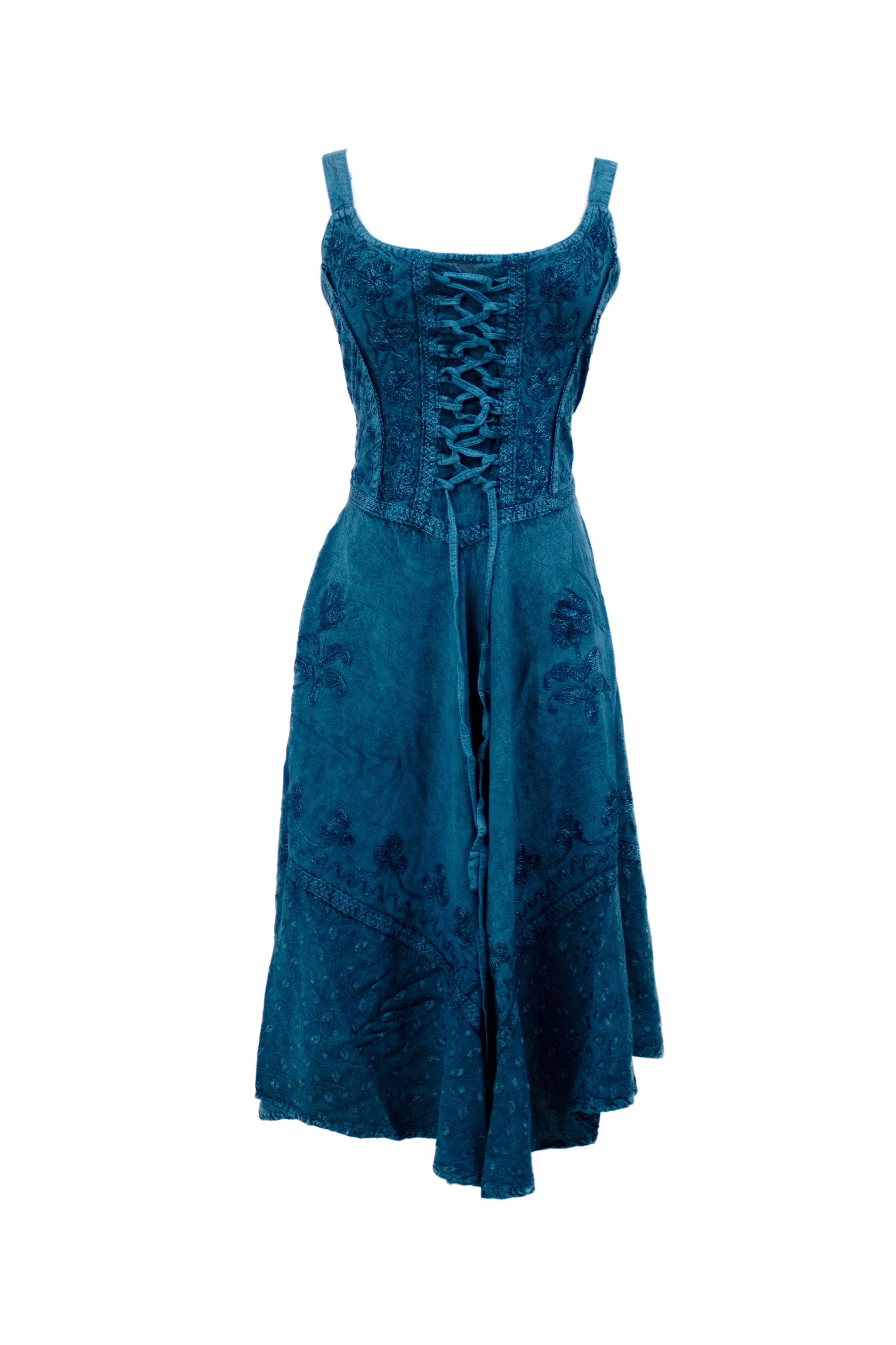 Lace-Up Embroidered Midi Dress