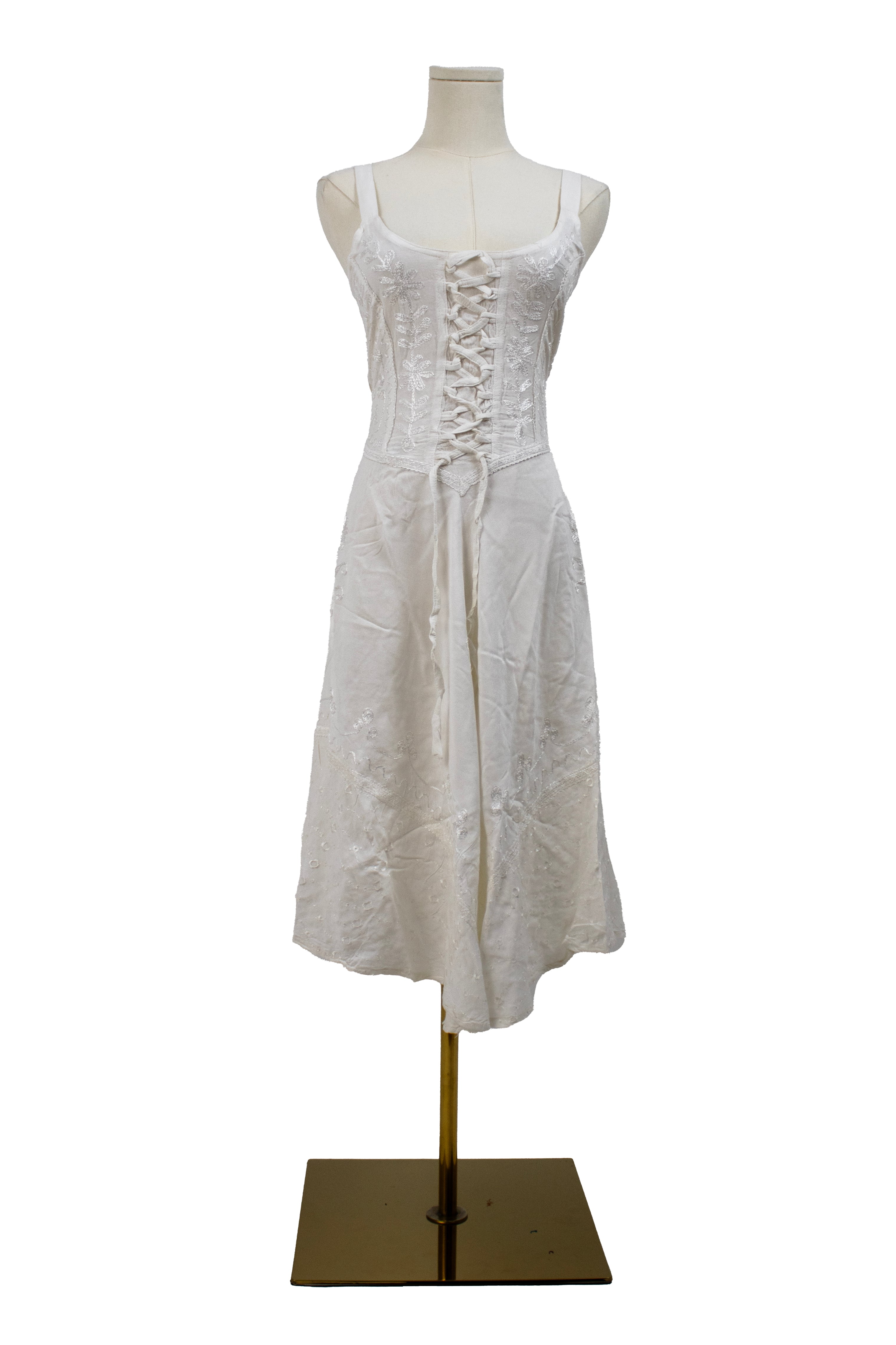 Lace-Up Embroidered Midi Dress