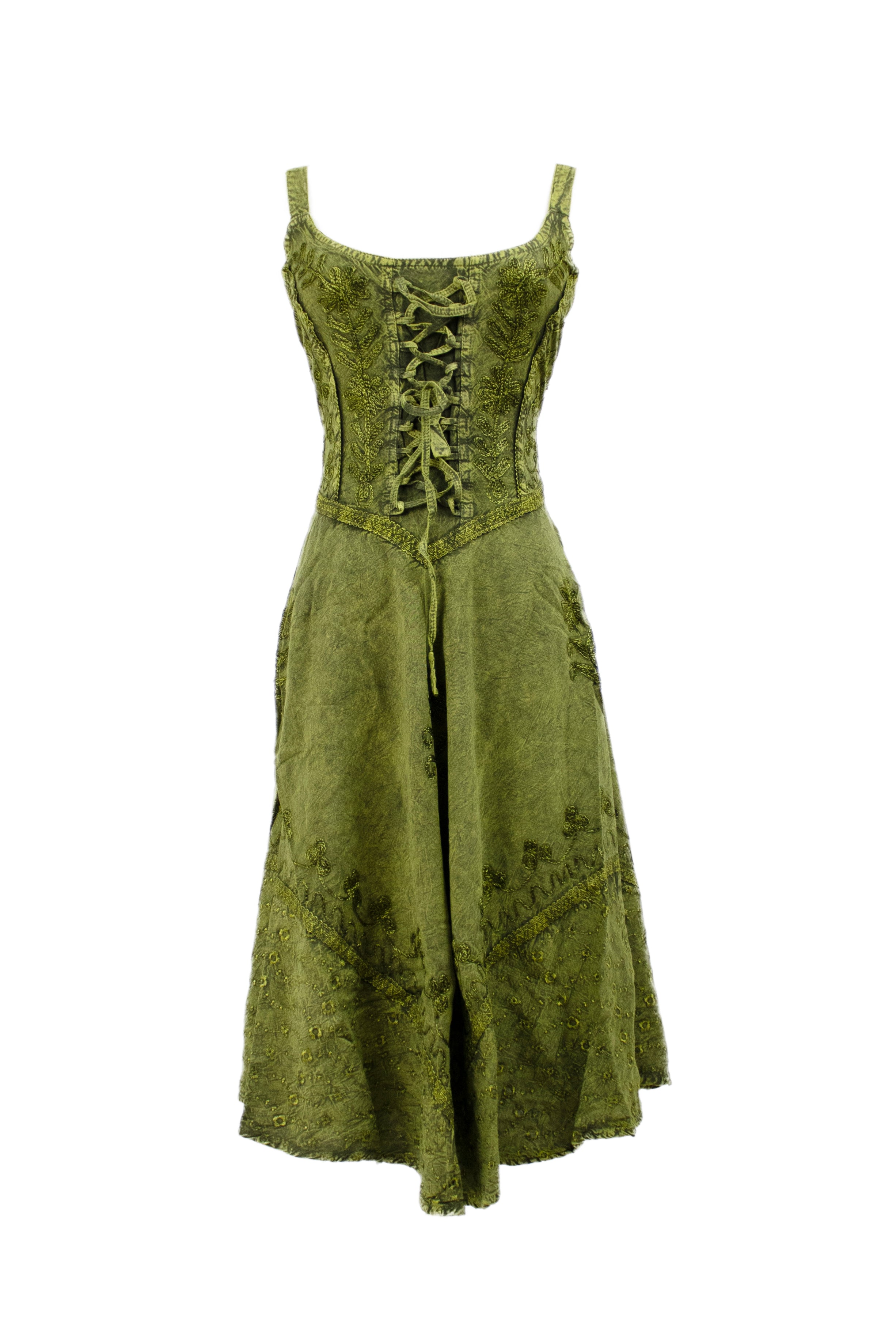 Lace-Up Embroidered Midi Dress